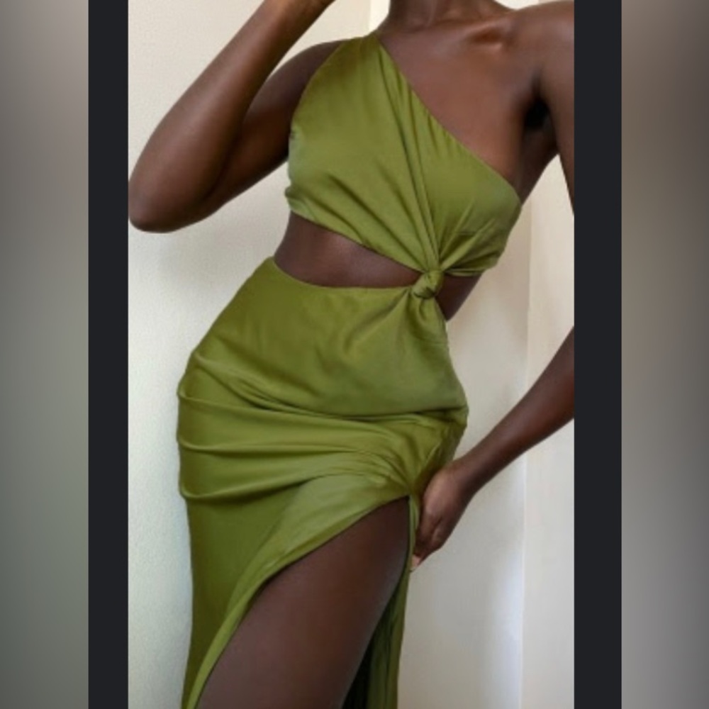 SHOWPO| KANIVA ONE SHOULDER OPEN BACK MIDI DRESS IN OLIVE